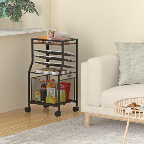 BOHDK Rolling File Cart, 6-Tier Desk File Organizer on Lockable Wheels, Brown Wood Planks & Mesh Sliding Hanging Folder Drawer, Organization Cart for Office Home School - color: Brown