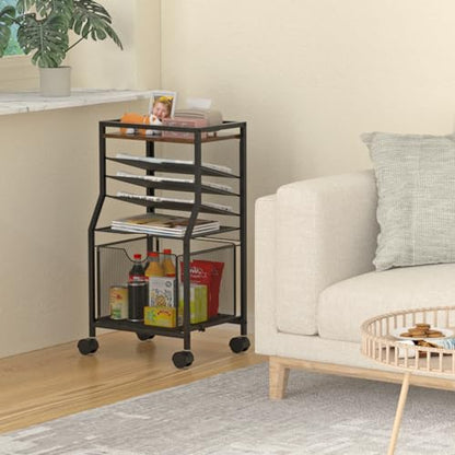 BOHDK Rolling File Cart, 6-Tier Desk File Organizer on Lockable Wheels, Brown Wood Planks & Mesh Sliding Hanging Folder Drawer, Organization Cart for Office Home School - color: Brown