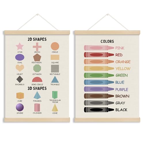 MOTERMATE Shapes Colors Nursery Poster Hanger Frame, 2D 3D Shapes Colors Learning Wall Hanging Decor Art Framed for Kids Room Playroom Classroom, Nursery Wall Poster Prints, 12x16 Inch Set of 2 - color: shapes colors