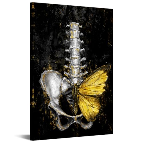 iKNOW FOTO Anatomical Spine Wall Art with Gold Butterfly 16x24 Inch Medical Skeleton Canvas Print for Doctor Office Nurse Station Physical Therapy Clinic Decor Ready to Hang