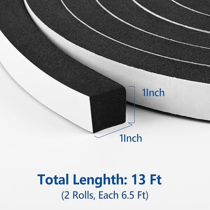 Kikerike Self Adhesive Foam Tape Weatherstrip 1In x 1In x 13Ft High Density Foam Insulation Strips Foam Seal Weather Stripping with Strong Adhesive for Door and Window Sound Isolation Soundproofing - size: 1in x 1in x 13Ft