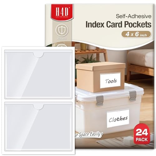 H4D 24 Pack Labels for Storage Bins, 4" x 6" Plastic Clear Adhesive Index Card Holders, Tote Label Pockets for Organizing Storage, Library Card, Shelves - size: 4" x 6", style: 24 Pack