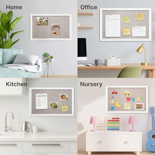 VUSIGN Linen Bulletin Board, 30'' x 20'' Large White Cork Board Decorations, Wall Mounted White Framed Cork Boards, Fabric Pin Boards for Walls with 10 Pushpins for Home, School, Office