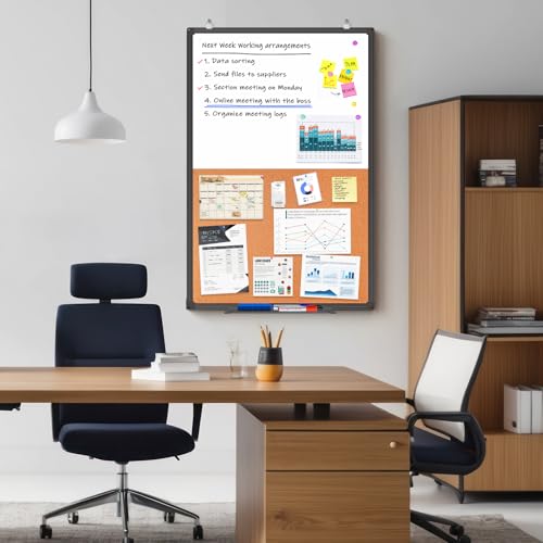 Magnetic White Board and Cork Board Combo, 36 X 24 inches Whiteboard Bulletin Combination Board, Wall Mounted Dry Erase Message Board for Home, School and Office, Black - size: 36 x 24 inch Black