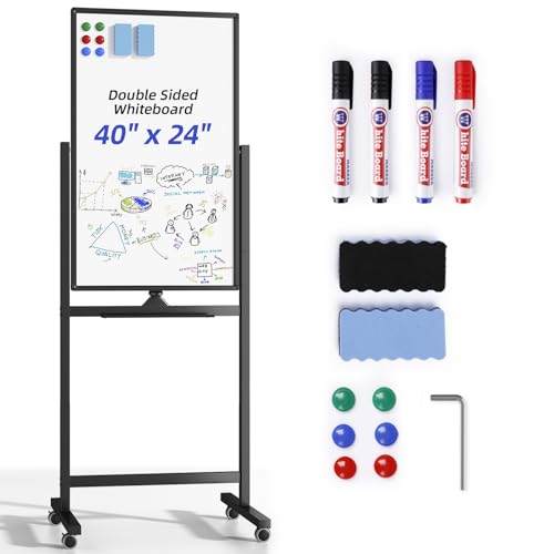 VOWNER Magnetic Mobile Whiteboard, 40" x 24" Double-Sided Dry Erase Board with Stand, Includes a Pen, Eraser, and Magnetic Buttons, Aluminum Frame Rolling Whiteboard for Home, Office, or Classroom