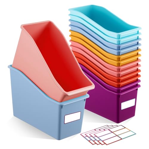 Geetery 6 Pcs Book Bin for Classroom with Labels Stackable Plastic Organizing Bins 11.5 x 5.4 x 7.5 in Book Holders Storage Bins Box Baskets for Classroom Library Home (Wildflower Color) - color: Wildflower Color