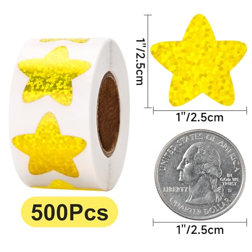Anwyll Star Stickers - 500Pcs 1Inch Holographic Gold Star Stickers for Kids Reward Self Adhesive Stars Shaped Sticker Stars Incentive Sticker Roll for Envelope Seal Classroom Teacher Behavior Chart - color: Gold