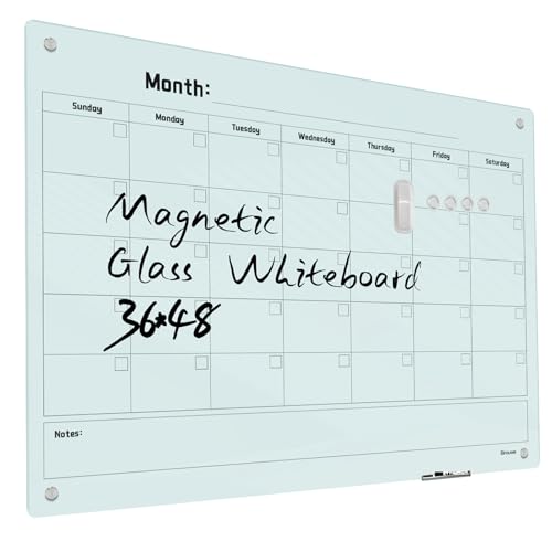 Magnetic Monthly Calendar Glass Whiteboard - Glass Dry Erase Board 48"x36" Large Frameless Glass Board for Walls Office School and Home - color: Mothly-c, size: 48" x 36"