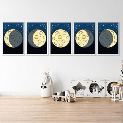 AMERICAN LUXURY GIFTS Moon Phases Wall Art for Kids – 5-Piece Galaxy Nursery Prints, Solar System Decor for Boys & Girls, Homeschool or Classroom Learning Posters – 11x17 Unframed Astronomy Artwork