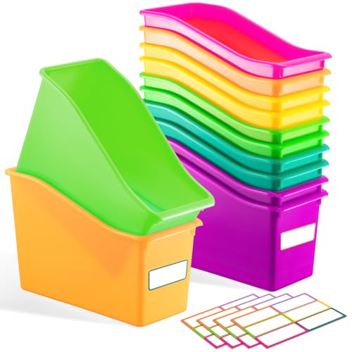 Geetery 6 Pcs Book Bin for Classroom with Labels Stackable Plastic Organizing Bins 11.5 x 5.4 x 7.5 in Book Holders Storage Bins Box Baskets for Classroom Library Home (Bright Color) - color: Bright Color