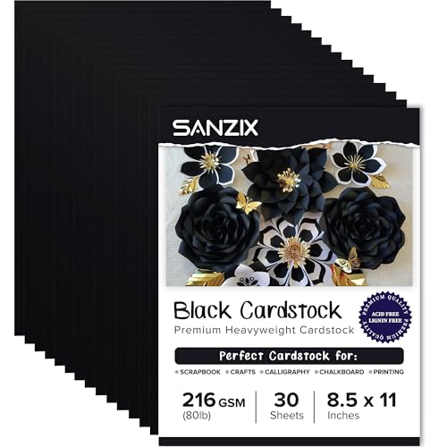 SANZIX 30 Sheets Black Cardstock Paper 8.5 x 11 80lb/216 GSM Heavyweight Printer Paper for DIY Cards, Scrapbook, Calligraphy | Card Stock for Drawing, Invitations, Menus & Halloween Decorations - size: 8.5" x 11" - 30 Pack