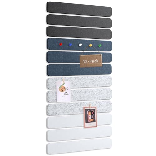 12-Pack Cork Board Alternative Felt Strip Board 13"x2", 30 Push Pins, Adhesive Install for Walls, for Paste Notes, Photos, Office Home Classroom (Black, Cement Gray, Silver Gray, Snow White) - color: Black, Cement Gray, Silver Gray, Snow White