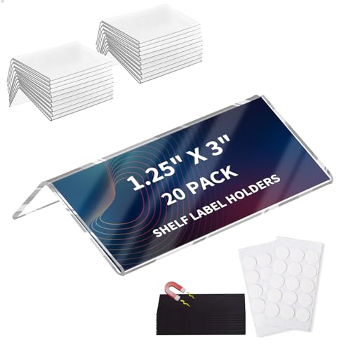 Acrylic Rigid Label Holders 1.25x3 inch 20 Pack for School Library Book Shelves Tags Office Warehouse Metal Shelf Labels with Magnetic Strip and Self-Adhesive Dots, Transparent Tabletop Price Sign
