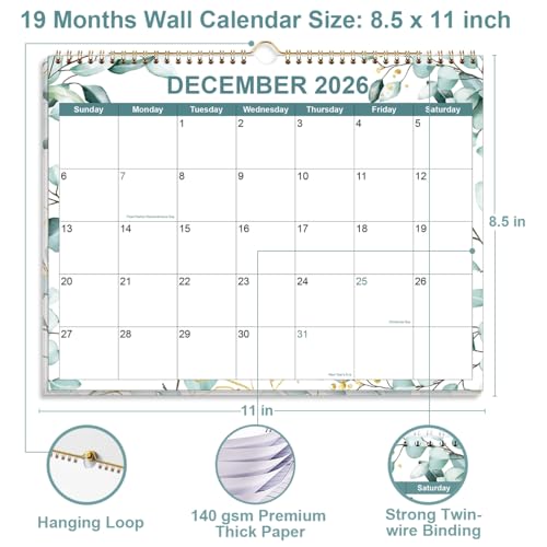 2026-2027 Calendar, Wall Calendar 2026-2027 from June 2026 - December 2027, 19 Months Calendar with Premium Paper, Twin-Wire Binding & Hanging Hook, 8.5" x 11", Green Leaf - color: Green Leaf, size: 8.5" x 11"
