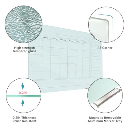 Magnetic Glass Whiteboard - 48"x36" Frameless Dry Erase Board with Monthly Calendar for Office, School, and Home - color: Mothly-b, size: 48" x 36"