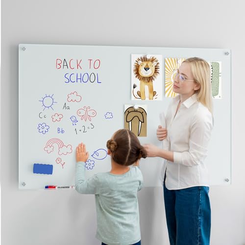 Magnetic Glass Whiteboard for Wall, 48" x 32" Large Dry Erase Board, Frameless Wall-Mounted White Board School, Classroom, Office & Home - size: 48" x 32"