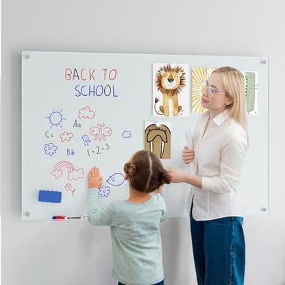 Magnetic Glass Whiteboard for Wall, 48" x 32" Large Dry Erase Board, Frameless Wall-Mounted White Board School, Classroom, Office & Home - size: 48" x 32"