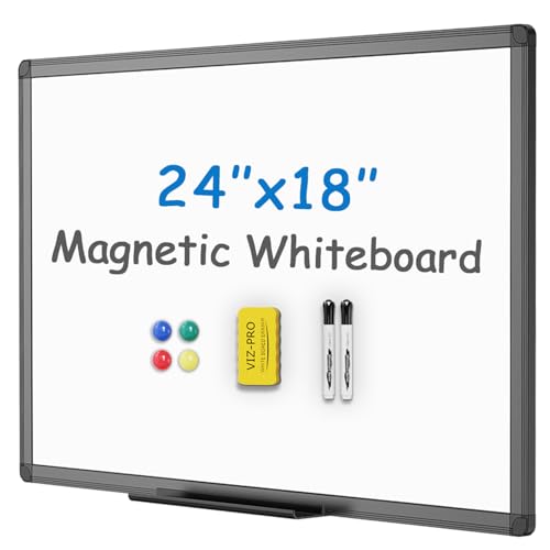 VIZ-PRO Magnetic Whiteboard/Dry Erase Board with Black Aluminium Frame, 24 X 18 Inches, Includes 1 Eraser & 2 Markers & 4 Magnets - size: 24"W x 18"H