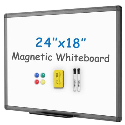 VIZ-PRO Magnetic Whiteboard/Dry Erase Board with Black Aluminium Frame, 24 X 18 Inches, Includes 1 Eraser & 2 Markers & 4 Magnets - size: 24"W x 18"H