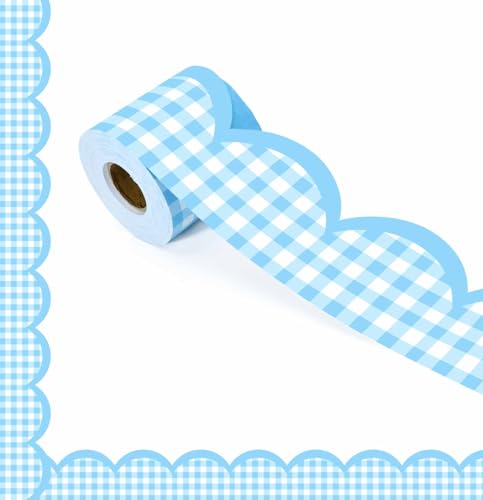 65Ft Light Blue Gingham Bulletin Board Border Checkered Scalloped Trim 1 Roll of Scalloped Blue and White Plaid Classroom Borders for Bulletin Board Chalkboard Party Decorations - color: Light Blue Gingham Bulletin Board Border