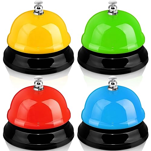 Hicarer 4 Pcs Desk Call Bell for Service 3 Inch Diameter Colorful Metal Game Bell Bulk for Adult Front Desk Hotel Restaurant School Kitchen Bar Counter Party Supplies
