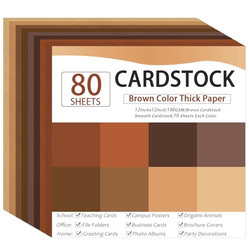 80 Sheets Cardstock Paper 12 x 12 Inches Thick Paper Card stock Colored Cardstock Papers 180gsm Solid Core Printer Papers for DIY Arts Crafts Card Making School Office Home Supplies (Brown Series) - color: Brown, size: 12x12in