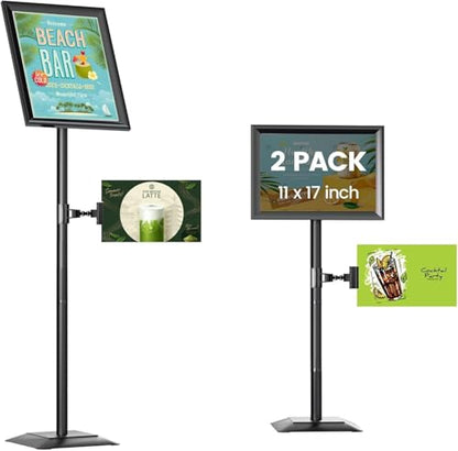 2 Pack Adjustable Sign Stand for Display, Heavy Duty Sign Holder Floor Stand with Base, Aluminum Snap Open Frame 11 x 17, with Anti-Slip Solid Steel Square Pedestal and Signage Clip(2 pack) - size: Heavy Base, 11x17inches (2 pack)