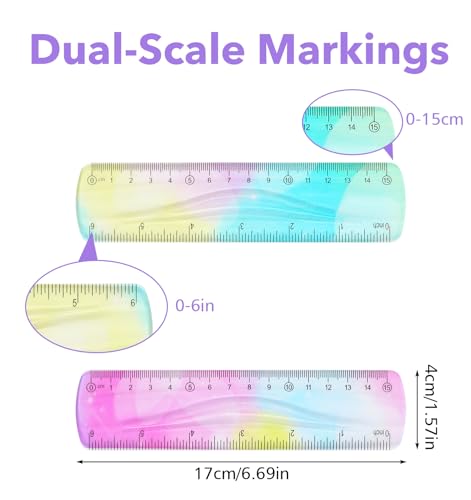 2 Pack Bendable Rulers,6-inch Plastic Flexible Small Ruler Coloured Bendable Flexi Ruler with Inches and Centimetres