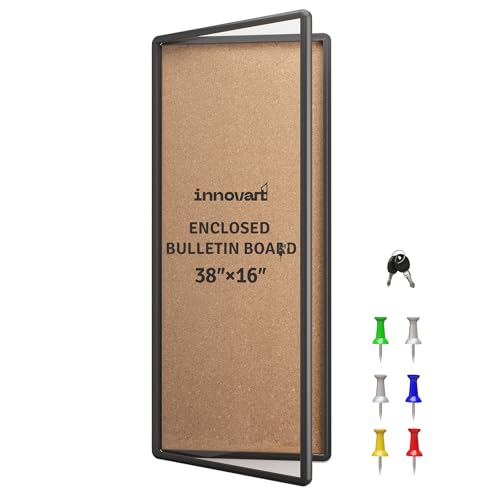 INNOVART 38”x16” Enclosed Bulletin Board, Weatherproof Enclosed Cork Board with Swing-Open Locking Door, Black Aluminum Frame Wall Mounted Display Case for Home, School, Office, Commercial - color: Black Frame Cork, size: 38"x16"