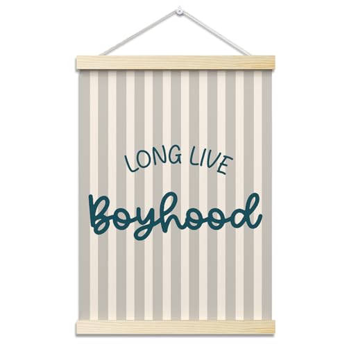 Long Live Boyhood Posters Hanger Frame for Boys Room Blue Hanging Poster for Bedroom Kids Room Classroom Decor Stripes Wall Art Decor for Nursery Playroom Canvas Wall Art Print 16x12 Inches - YY049 - color: blue boyhood