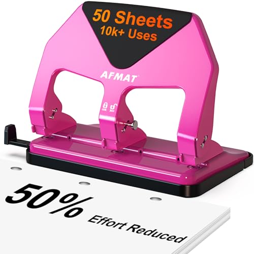 AFMAT 3 Hole Punch Heavy Duty, 50-Sheet Three Hole Punch, 50% Reduced Effort, 10,000+ Uses, 9/32" Holes, S.S. Paper Guide, 3 Hole Puncher for Binder, Metal Hole Puncher for Home Office School HP20 - color: Rose Red