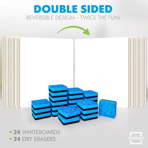 Scribbledo 24 Pack Dry Erase Lap Boards for Students, 9x12 Double Sided Mini Whiteboards, Classroom Whiteboard Set with 24 Erasers, Student White Boards for Teachers, Kids, School Supplies