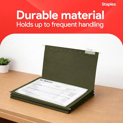 Staples Hanging File Folders, Legal Size, 1/5‑Cut Tabs, Standard Green, Includes Tabs & Paper Inserts – 50/Pack - style: 50 Pack