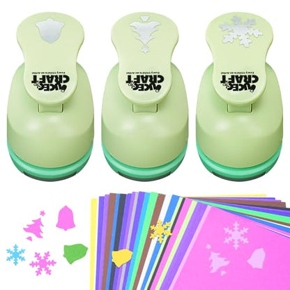 UCEC Hole Punch 1 Inch Craft Christmas Snowflakes Bells Shapes 30 Pieces Hole Puncher for Crafts Set with Craft Paper Cardstock, Mix Shape Designs Hole Puncher for Kids for Crafting Scrapbooking - style: 3 Diffrent Shapes Punch & 30 Craft paper