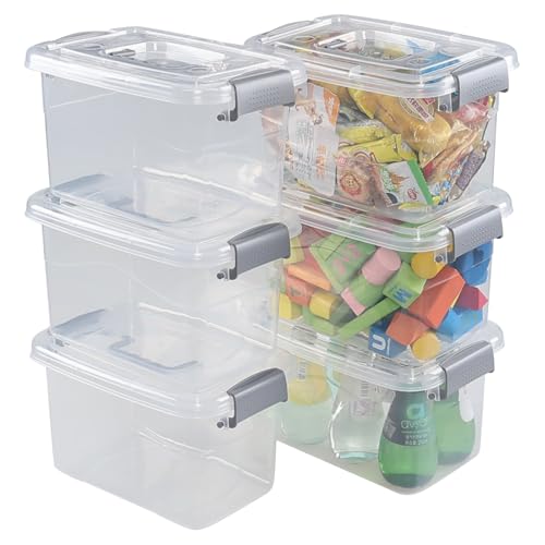 5 L Plastic Lidded Storage Bin, 6 Pack Clear Latch Container Box | with Handle - color: Gray handle