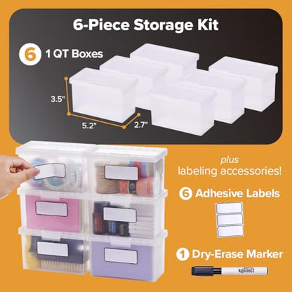 Bostitch Konnect Storage Containers with Lids, Office Organizer, Clear Plastic Box, Stackable for Index Cards, Labels, 1 Qt, 6 Pack - size: 6-Pack