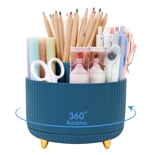 SKYDUE 360 Degree Rotating Desk Organizer, Dual-Purpose Pencil Pen Holder, Rotating Desk Pen Organizer with 5 Slots, Pencil Cup for Office, School, Home - color: Dark Blue