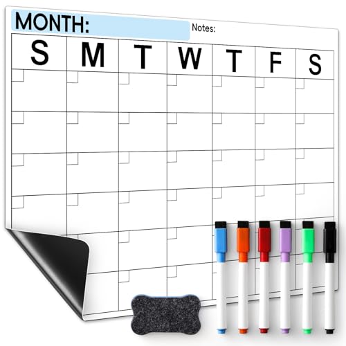 Dry Erase Magnetic Calendar for Refrigerator - Monthly Planner Magnet Whiteboard for Fridge Wall Door - Shopping, Meal/Menu, to Do List, Family Schedule Planning Board with 6 Markers - Black - color: White