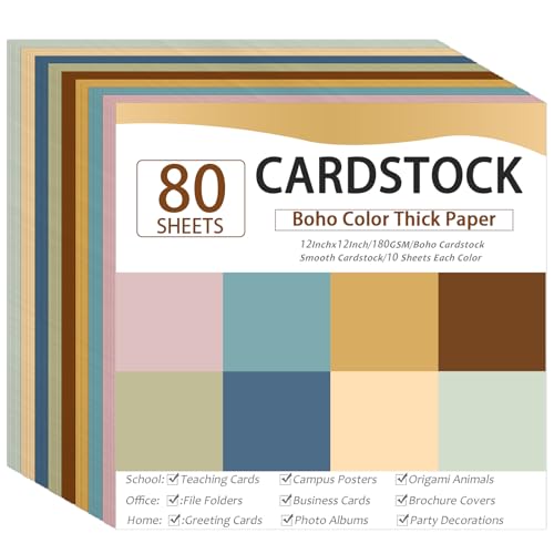 80 Sheets Cardstock Paper 12 x 12 Inches Thick Paper Card stock Colored Cardstock Papers 180gsm Solid Core Printer Papers for DIY Arts Crafts Card Making School Office Home Supplies (Boho) - color: Boho, size: 12x12in