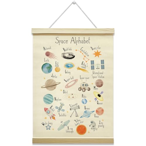 Space Nursery Poster Hanger Frame, ABC Alphabet Learning Posters Outer Space Planet Wall Hanging Decor, Canvas Poster with Wood Frame, Home Nursery Preschool Classroom Wall Decor, 12x16 Inches -37 - color: Space Alphabet
