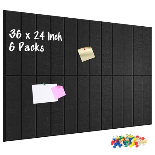 DOLLAR BOSS Felt Cork Board Tiles 6Pcs 12"x12" Bulletin Board, Black Stripe | 1/2" Thick, Self Adhesive, Acoustic Soundproof Panels for Walls, Includes 60 Pushpins, For Home Office Kitchen School - color: Black Stripe, size: 6 PCS