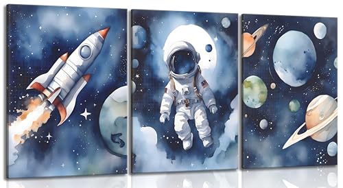 3Pcs Nursery Astronaut Wall Art Kids Space Planets Theme Canvas Painting Rocket Spaceman Wall Decor Explore Dream Galaxy Poster Prints Funny Outer Space Picture for Boys child Bedroom Living Framed - color: Blue, size: 12x16 canvas