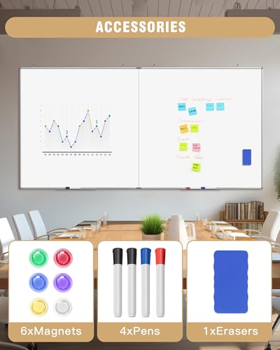 96"X 48" Large Magnetic Dry Erase Whiteboard, Removable Wall Hanging Board with 4 Pens & 1 Dry Erasers & 6 Magnets, Sliver Aluminum Frame White - color: White, size: 96"W x 48"H