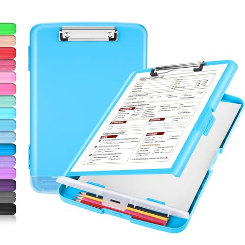 Sooez Clipboard with Storage, Clip Board 8.5 x 11 with Pen Holder, Plastic Organization Case Box for Letter Legal A4 Size Paper, Low Profile Clip, Nurses Teachers Must Haves, School & Office Supplies - color: Sky Blue