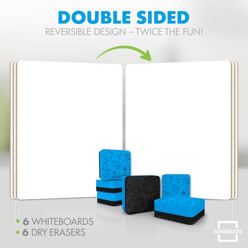 Scribbledo Small Dry Erase Boards for Students, 6 Pack 9 x 12 Double Sided White Boards with 6 Erasers, Student White Boards for Classroom, Personal Whiteboards for Kids, Mini Lap Boards - style: Set of 6 Boards & 6 Erasers