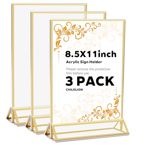 CHILDLION 3 Pack Acrylic Sign Holder 8.5x11 Inches, Double Sided Gold Picture Frame Stand up Table Top Sign Holders, Vertical Menu Flyer Stand, Plastic Frame for Stores, Restaurants, Hotels, Office (3 Pack 8.5*11) - size: 3 Pack 8.5*11