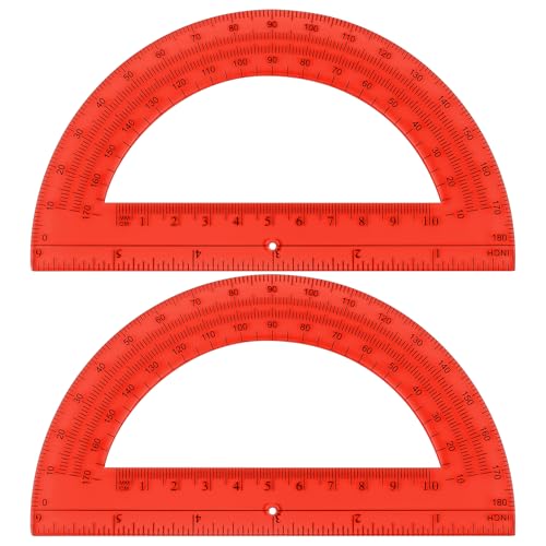 Unjoo Plastic Protractor Math Protractors 180 Degrees for Geometry Classroom Student School Office Supplies, 6 Inch, Pack of 2 (Red) - color: Red