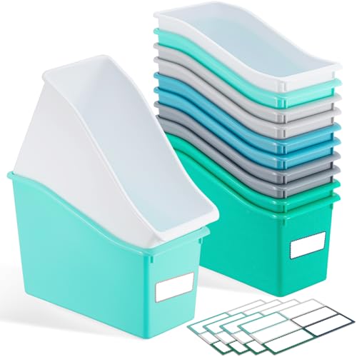Geetery 6 Pcs Book Bin for Classroom with Labels Stackable Plastic Organizing Bins 11.5 x 5.4 x 7.5 in Book Holders Storage Bins Box Baskets for Classroom Library Home (Morandi Color) - color: Morandi Color