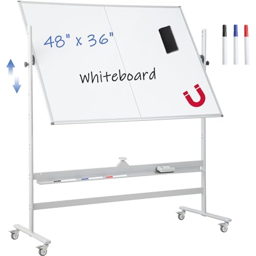 FORTUNO Magnetic Mobile Whiteboard 48"x36", Rolling Double Sided Dry Erase Board with Stand, Reversible Adjustable Height/Angle Easel White Board on Wheels 4' x 3' for Office Classroom Home - color: White, size: 48"W x 36"H