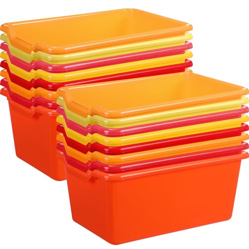 Dandat 16 Pcs Plastic Book Bins for Classroom Library Cubby Bins Scoop Front Stackable Toy Storage Tubs Containers for School Office Home Nursery Playroom Organization (Warm Series) - color: Warm Series